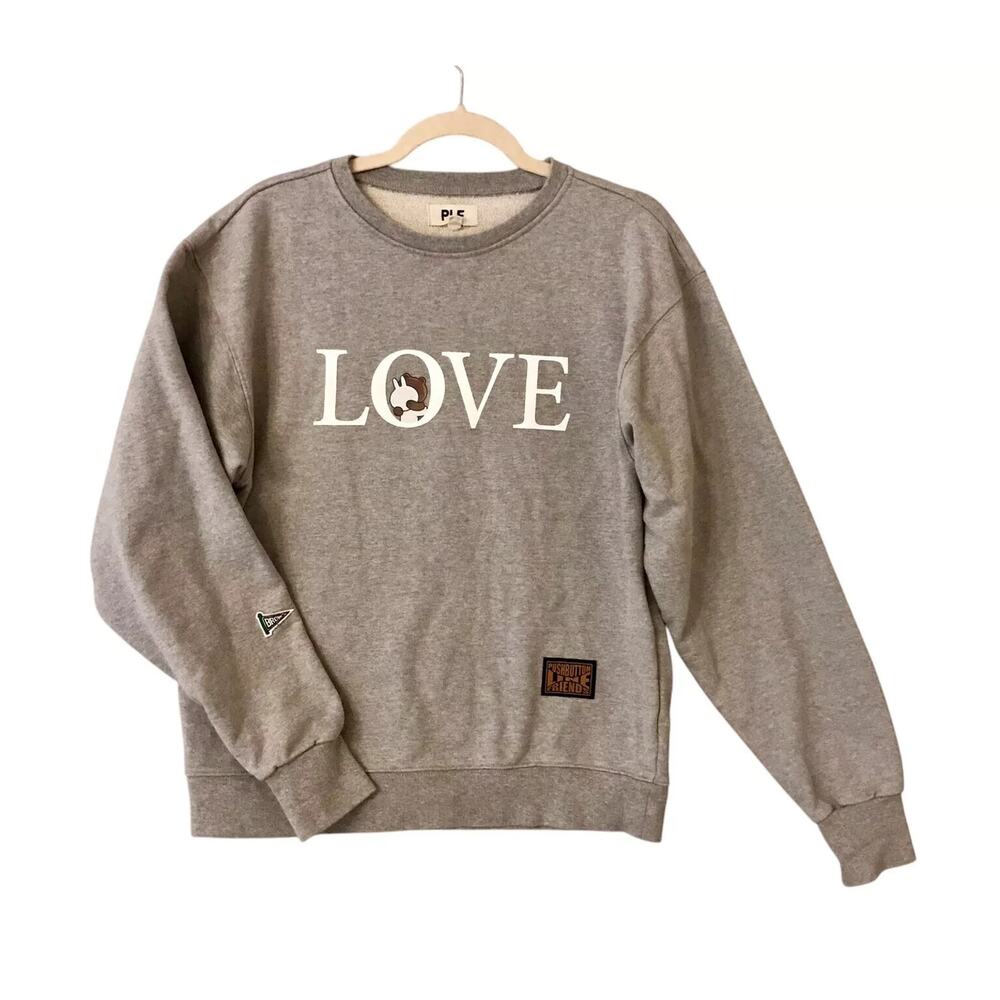 Line Friends Gray Sweatshirt Push Button Love PLF Brown U Patch Women’s Sz S